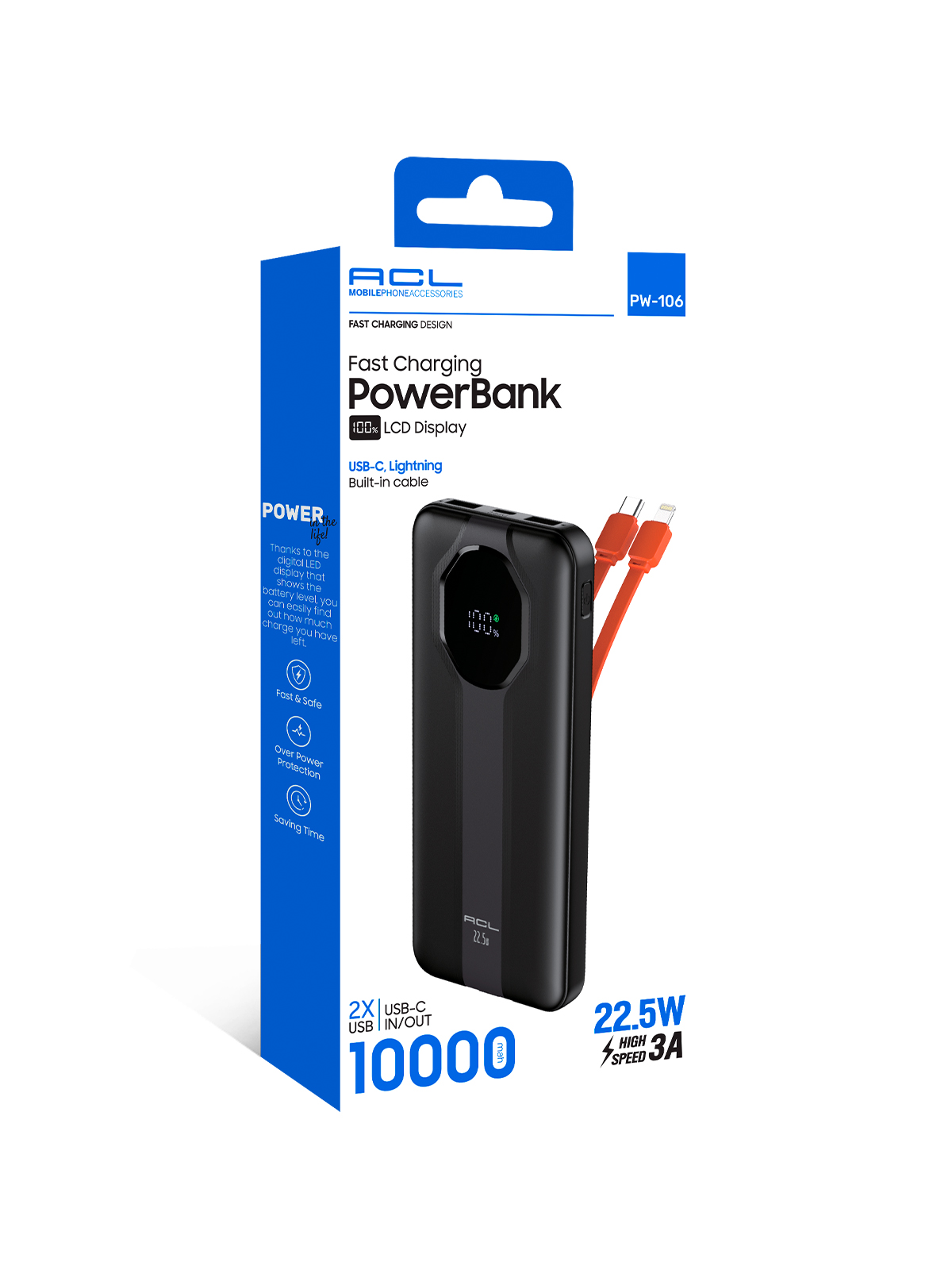 ACL PW-106 10000 mAh 22.5W Super Fast Charging Powerbank – Dahili Çift Kablolu ve LCD Göstergeli
