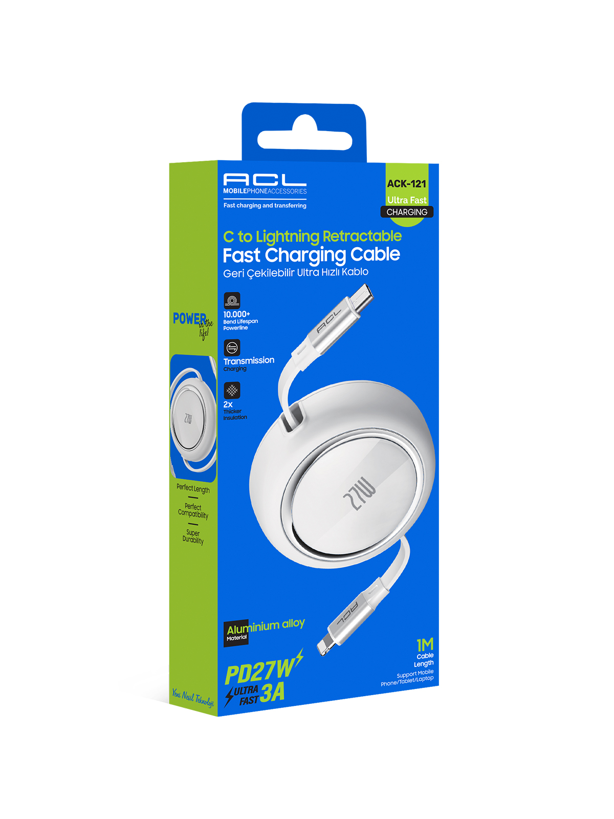 ACL ACK-121 PD 27W Ultra Hızlı Geri Çekilebilir USB-C to Lightning Şarj Kablosu (1 Metre)